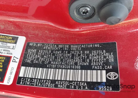 2012 Toyota Camry Se из США, поврежденный, VIN 4T1BF1FK8CU618360